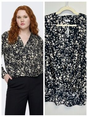 Lightweight Floral Draped Wrap Blouse Black Cream Size XL NWOT Business Casual